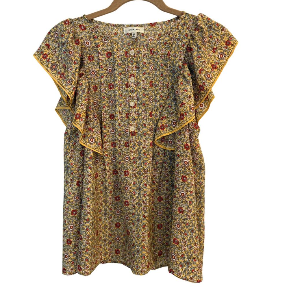 MAX STUDIO Yellow Floral Flutter Sleeve Ruffle Blouse Boho Button Front Top S